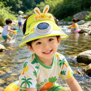 Solar Charging + USB Charging Dual-Use Rabbit Ear Children's Fan Hat with Large Brim for Outdoor Sun Protection, Adjustable