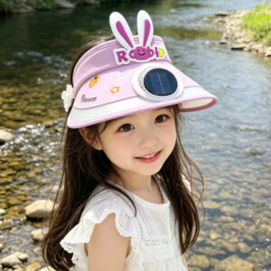 Solar Charging + USB Charging Dual-Use Rabbit Ear Children's Fan Hat with Large Brim for Outdoor Sun Protection, Adjustable