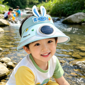 Solar Charging + USB Charging Dual-Use Rabbit Ear Children's Fan Hat with Large Brim for Outdoor Sun Protection, Adjustable