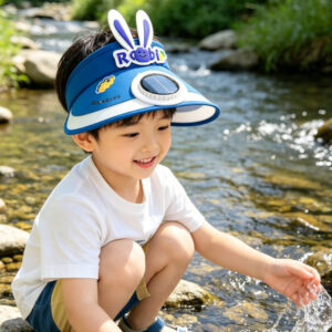 Solar Charging + USB Charging Dual-Use Rabbit Ear Children's Fan Hat with Large Brim for Outdoor Sun Protection, Adjustable