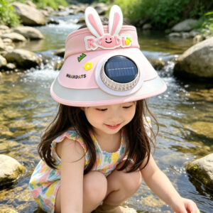 Solar Charging + USB Charging Dual-Use Rabbit Ear Children's Fan Hat with Large Brim for Outdoor Sun Protection, Adjustable